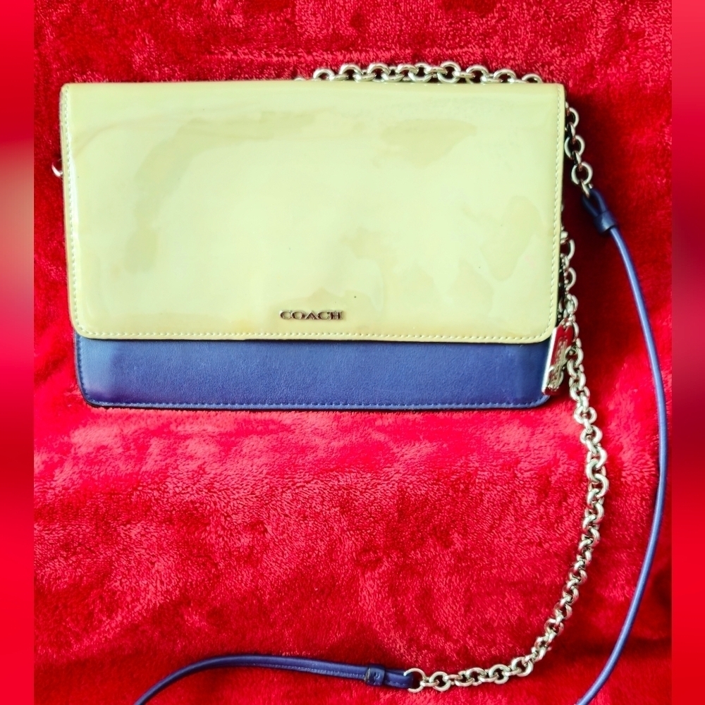 Coach Saffiano Taupe & Blue Colorblock Patent Leather Crossbody Bag